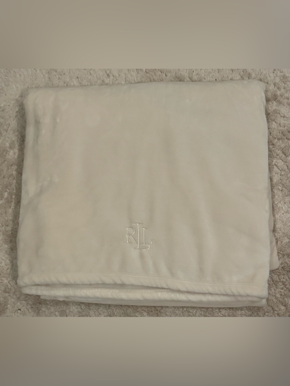 Ralph Lauren Micromink Plush Twin Size Cream Blanket, with RLL Embroidery.